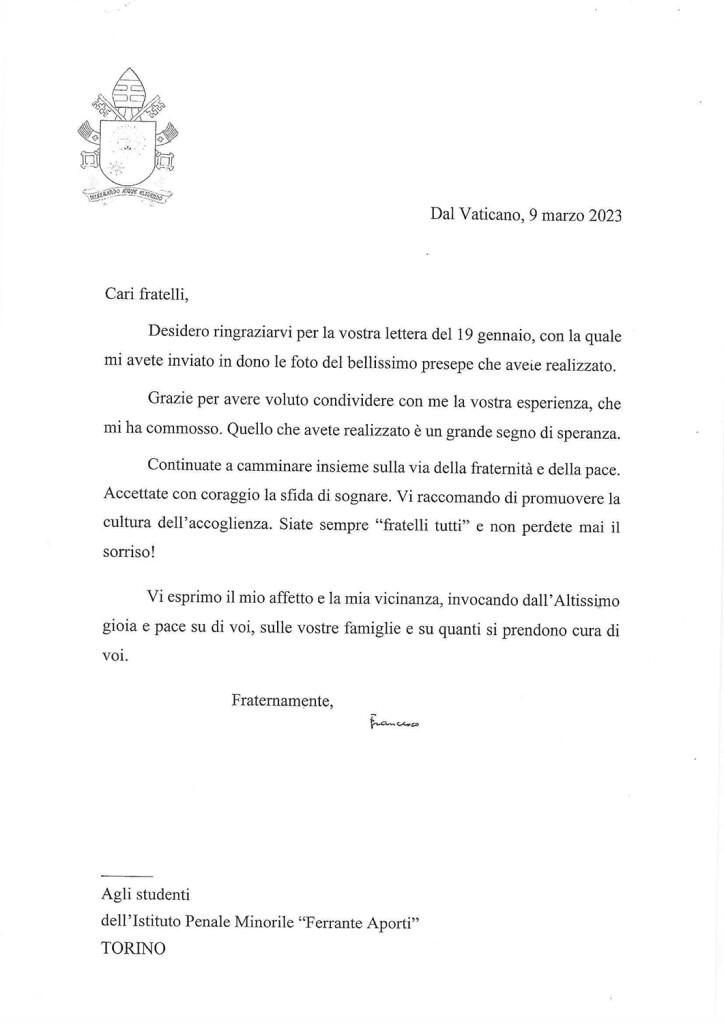 Lettera Papa Francesco al Ferrante Aporti